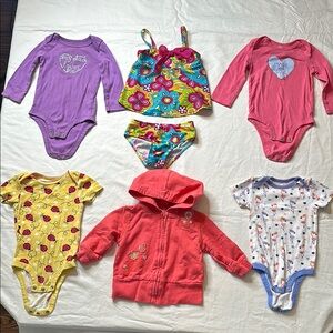 Koala Kids 6-9 month bundle. Purple and Pink onesies, bathing suit, and jacket.